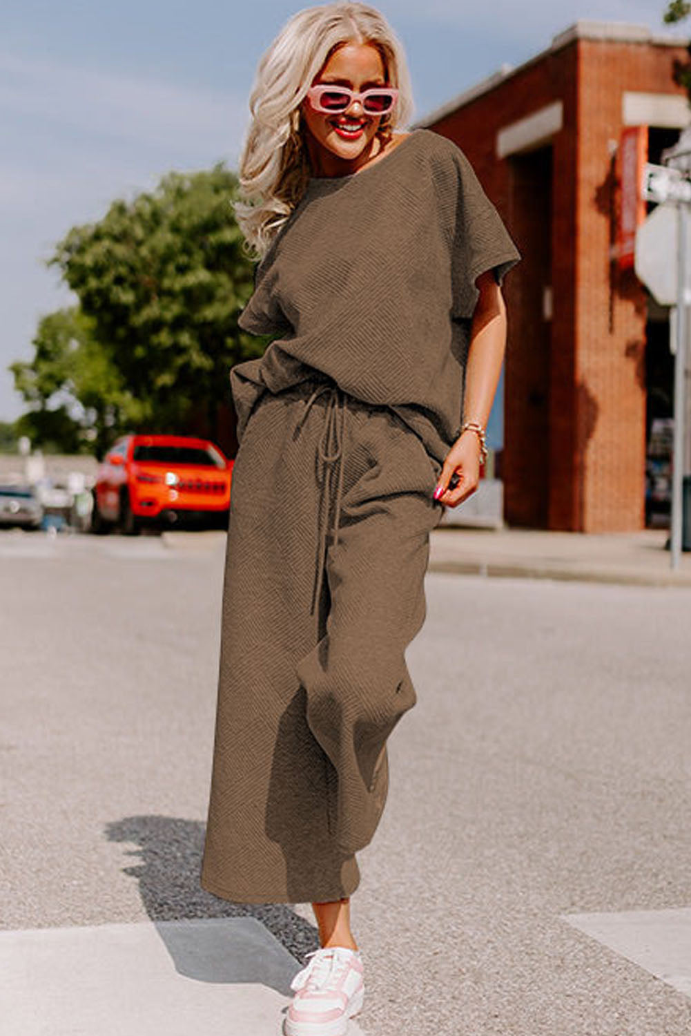 Dark Green Textured Loose Fit T Shirt and Drawstring Pants Set