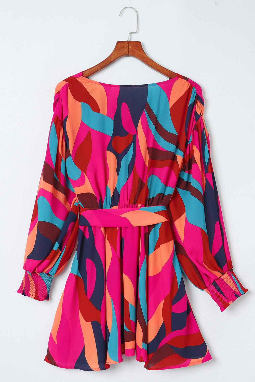 Multicolor Abstract Printed Belted Puff Sleeve Mini Dress