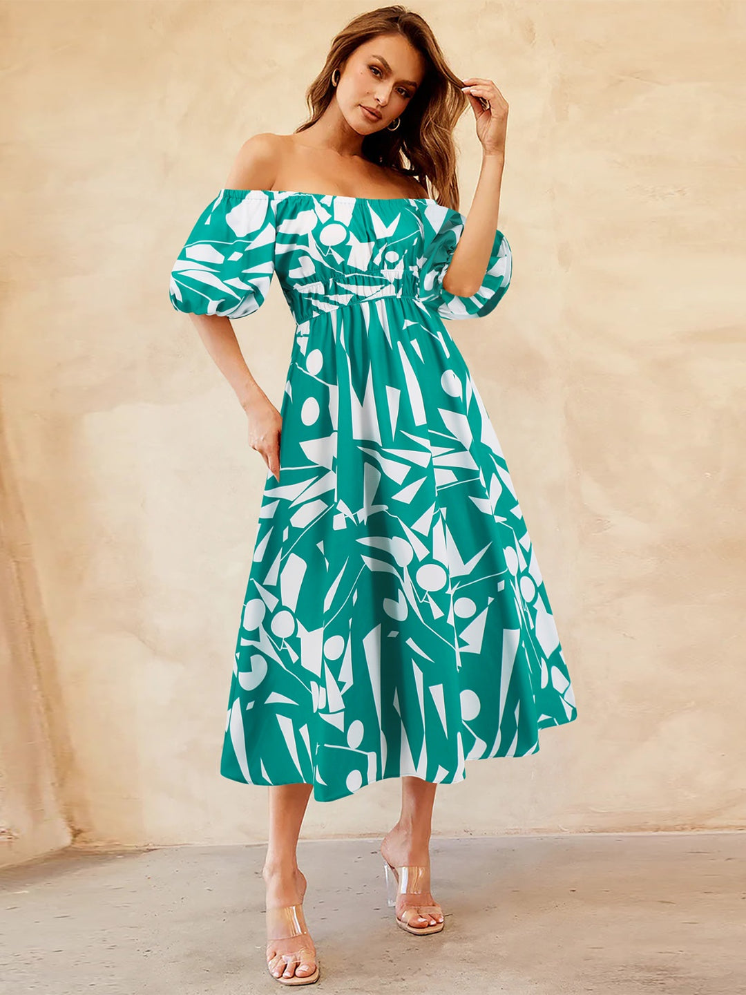 Printed Off-Shoulder Balloon Sleeve Dress