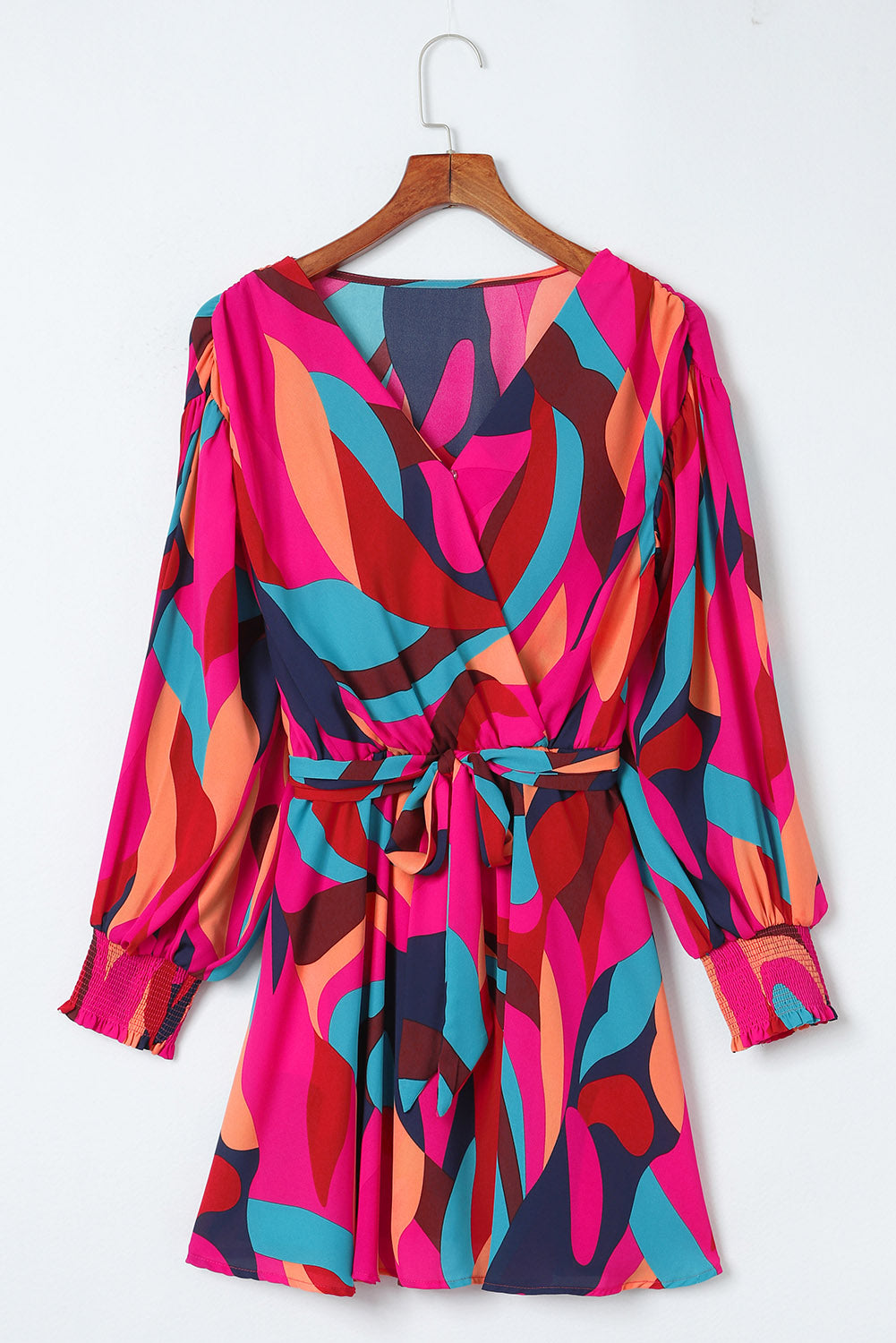 Multicolor Abstract Printed Belted Puff Sleeve Mini Dress