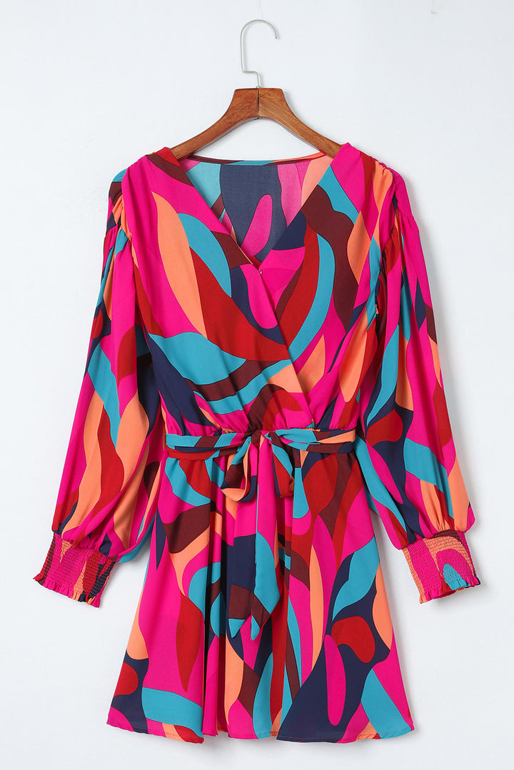 Multicolor Abstract Printed Belted Puff Sleeve Mini Dress