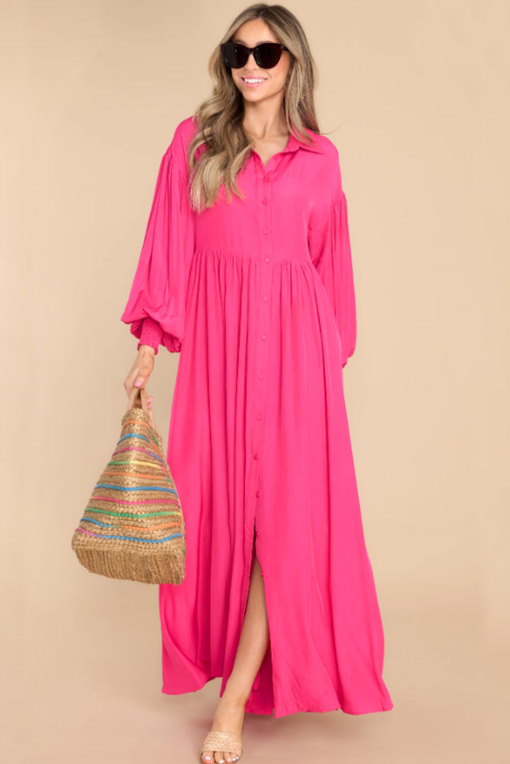 Rose Bubble Sleeve Shirt Maxi Dress