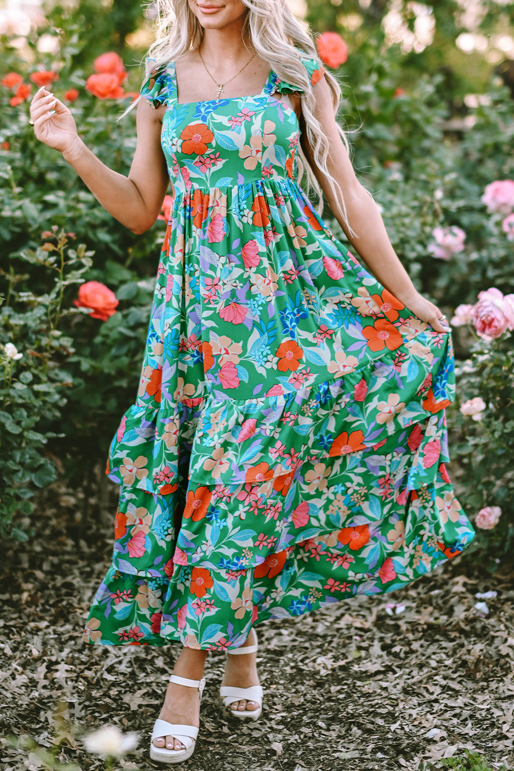 Pink Floral Print Sleeveless Ruffle Tiered Maxi Dress