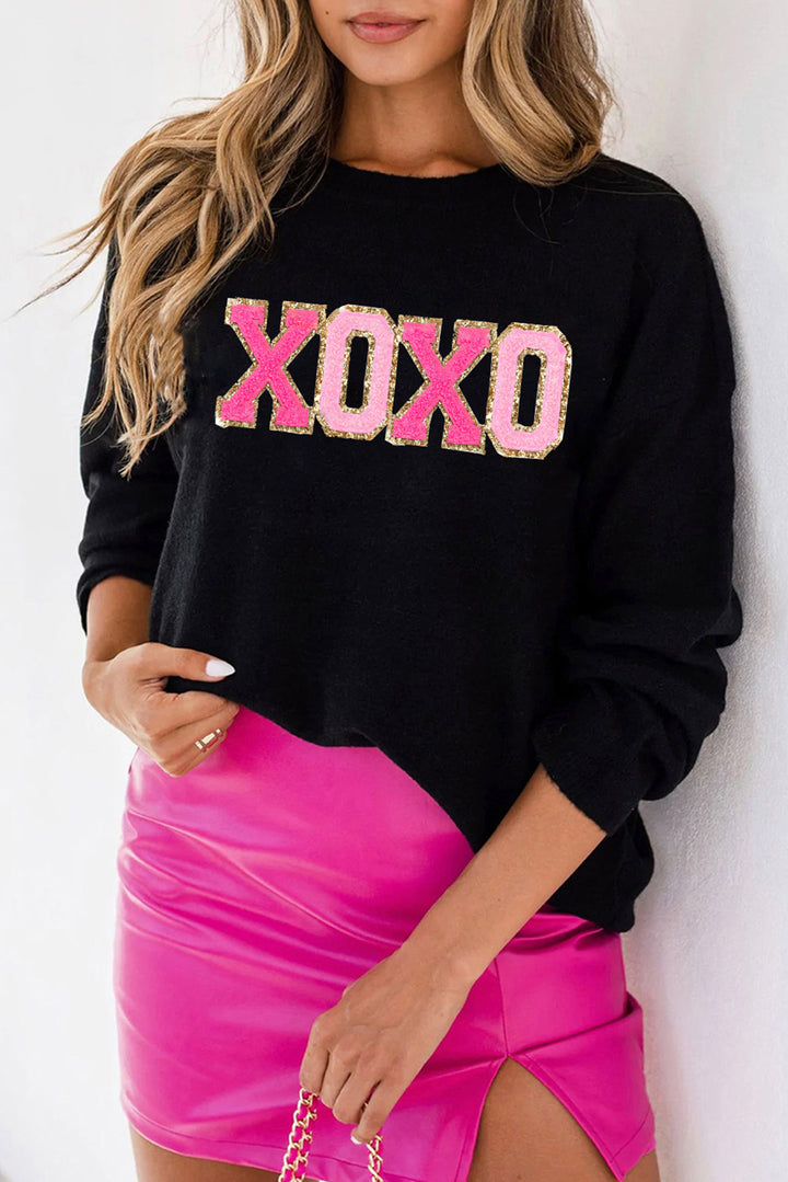 Black XOXO Glitter Print Round Neck Casual Sweater