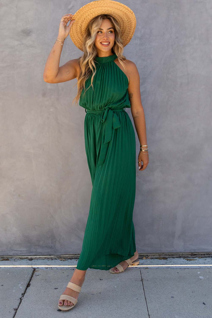 Black Halter Neck Pleated Wide Leg Jumpsuit with Belt