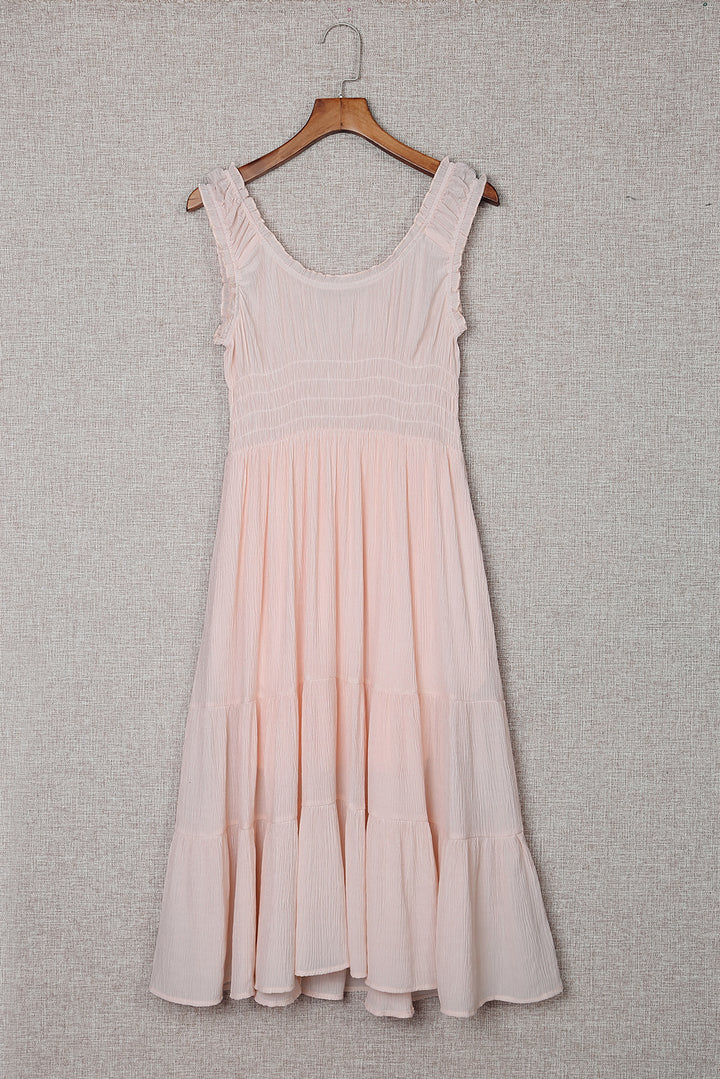 Apricot Smocked Ruched Sleeveless High Waist Midi Dress