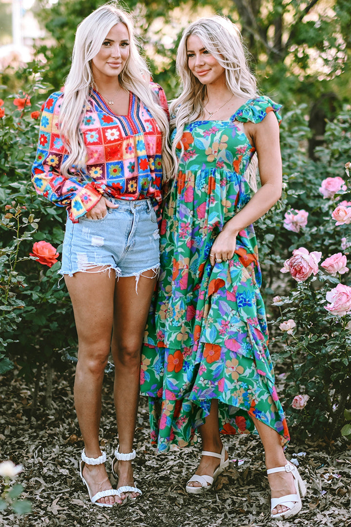 Pink Floral Print Sleeveless Ruffle Tiered Maxi Dress