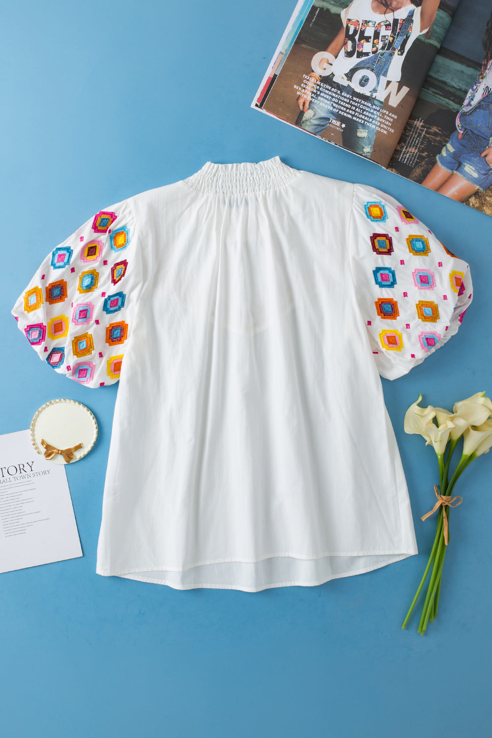 White Embroidered Smocked Neck Puff Sleeve Top