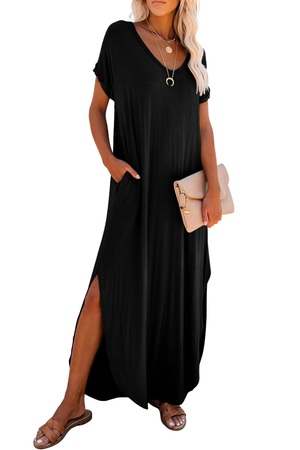 Grass Green V Neck Hidden Pocket Splits Maxi T-shirt Dress