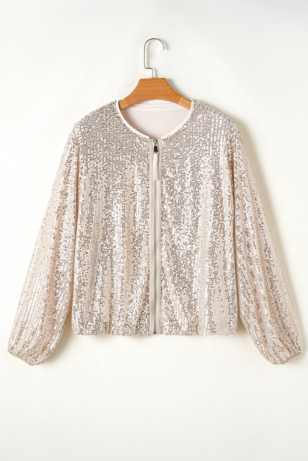 Apricot Sequin Zip up Round Neck Long Sleeve Jacket