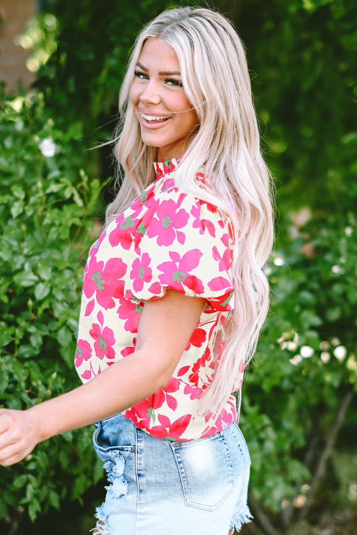 Green Floral Puff Sleeve Frilled Neckline Blouse