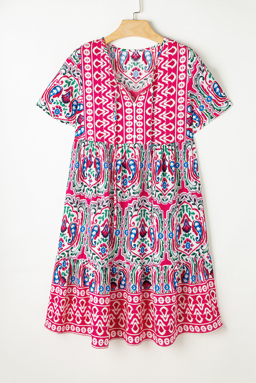 Pink Bohemian Print Tie Neck Ruffle Hem Short Dress