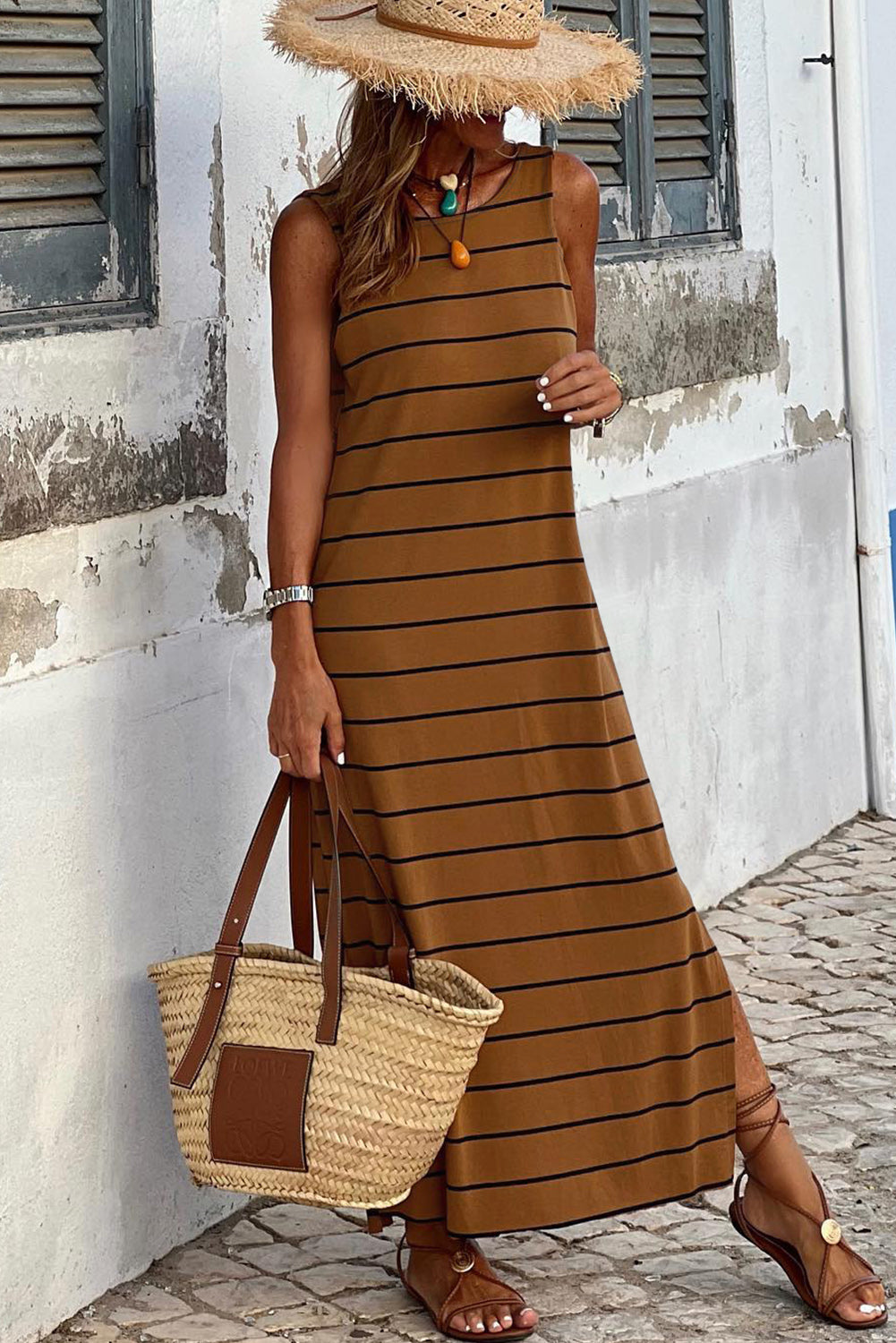 Khaki Stripe Print Open Back Sleeveless Maxi Dress with Slits