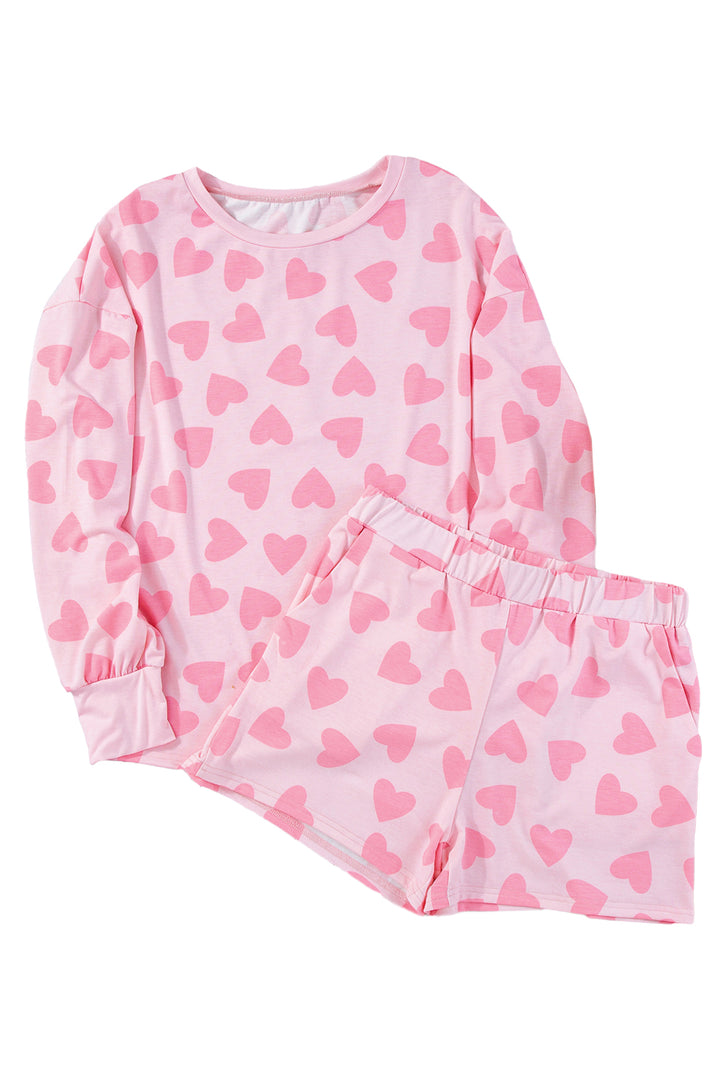 Pink Valentine Heart Shape Print Long Sleeve Top Shorts Lounge Set