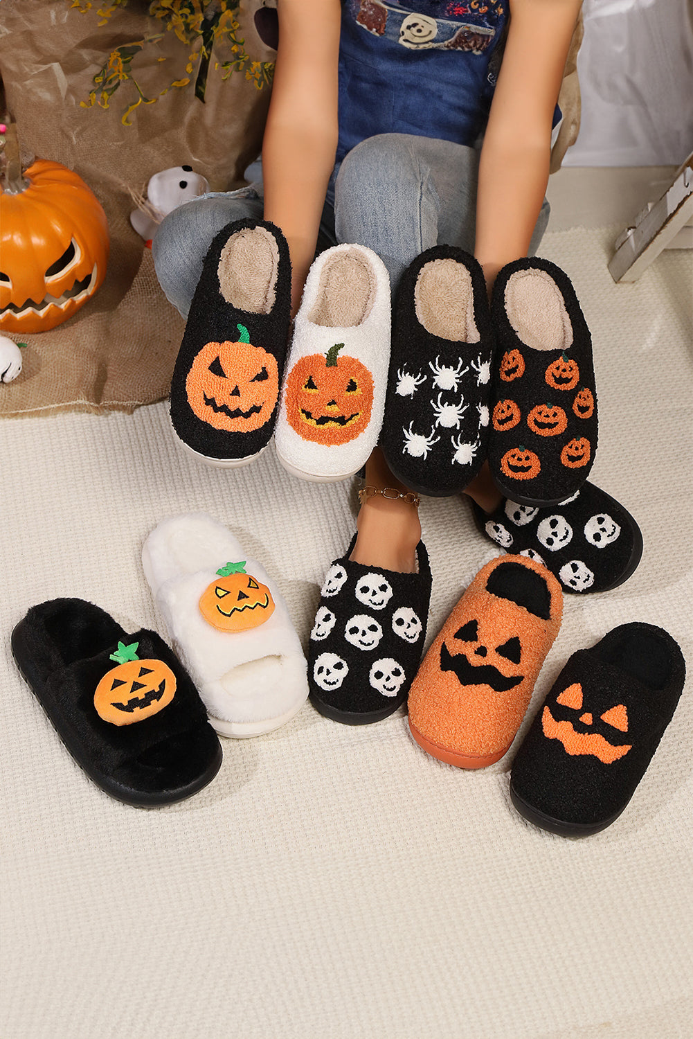 White Halloween Pumpkin Print Plush Slippers (Runs Small, Size Up)