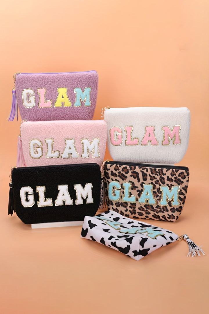 White Sparkle Letter Pattern Tassel Zipper Makeup Bag