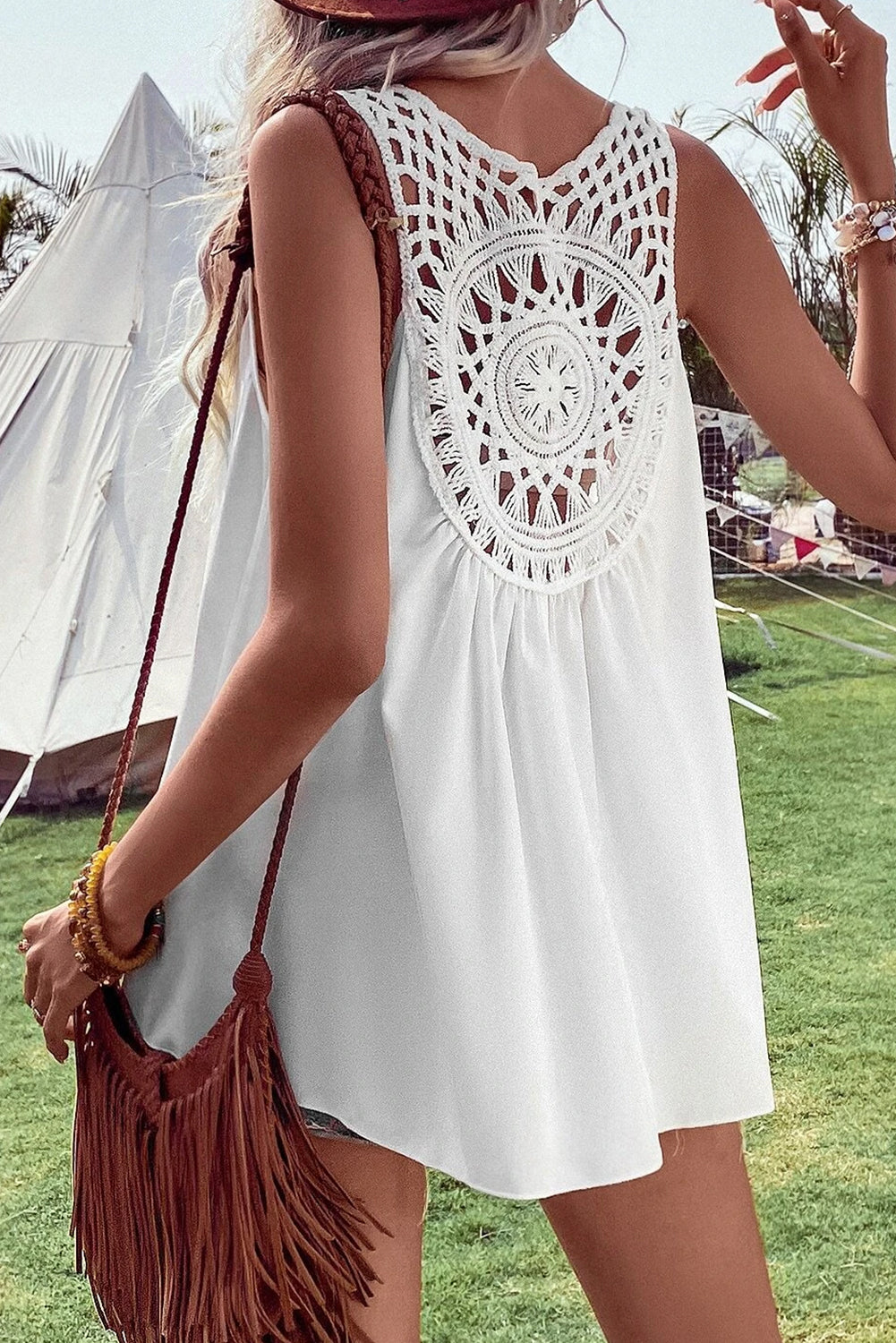 White Bohemian Crochet Patchwork Sleeveless Tunic