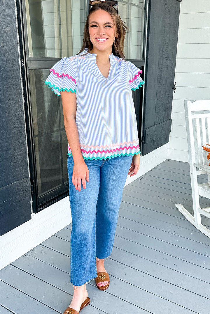 Pink Stripe Ricrac Trim Split Neck Striped Ruffled Sleeve Blouse