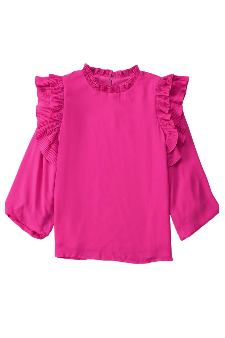 Rose Button Keyhole Back Pleated Ruffle Trim Blouse