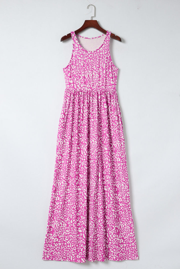 Pink Leopard Print Pocketed Sleeveless Maxi Dress