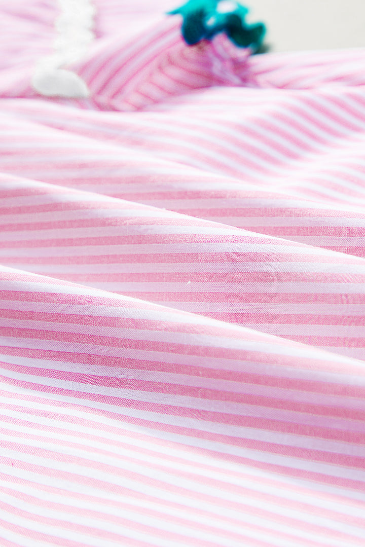 Pink Stripe Ricrac Trim Split Neck Striped Ruffled Sleeve Blouse