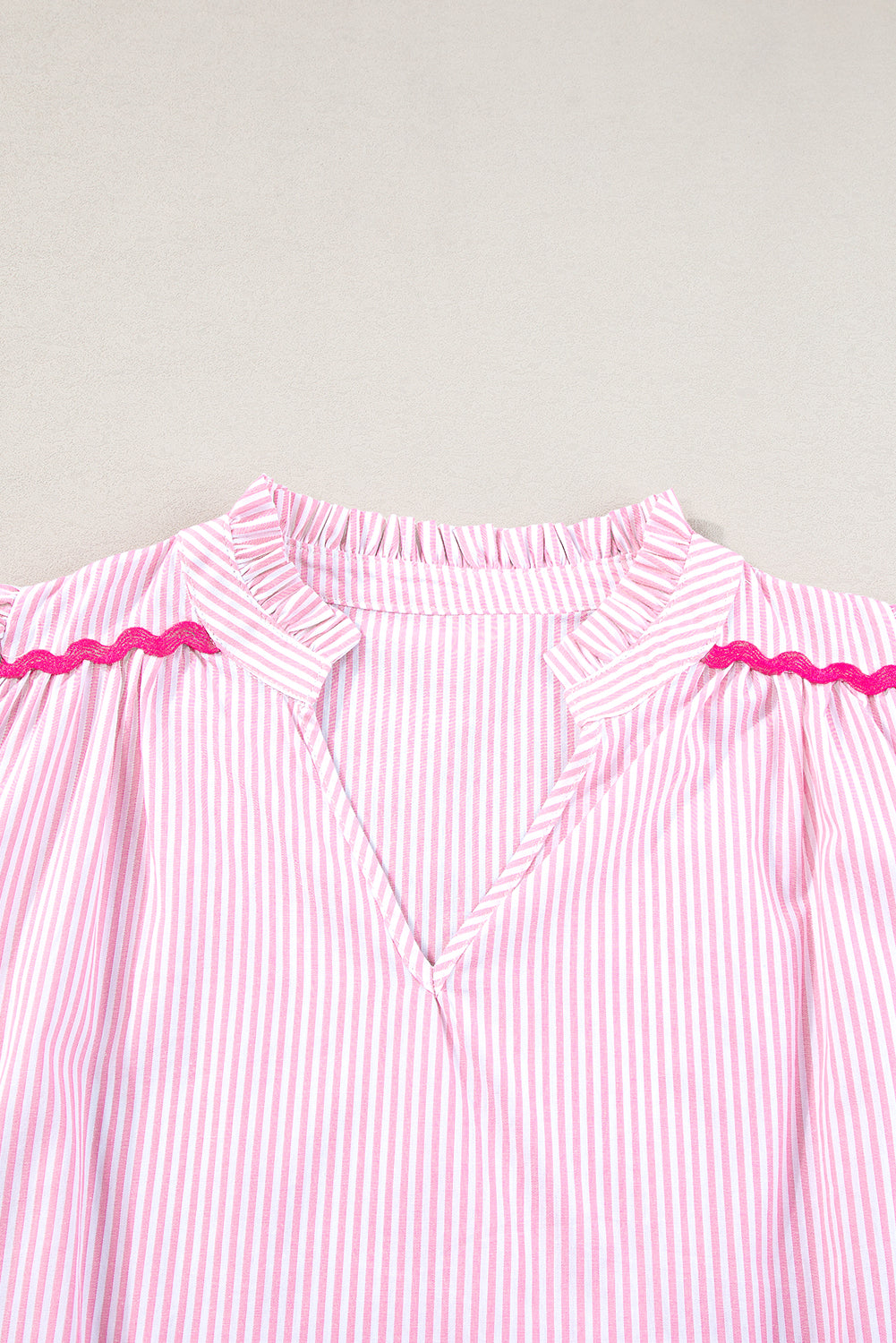 Pink Stripe Ricrac Trim Split Neck Striped Ruffled Sleeve Blouse