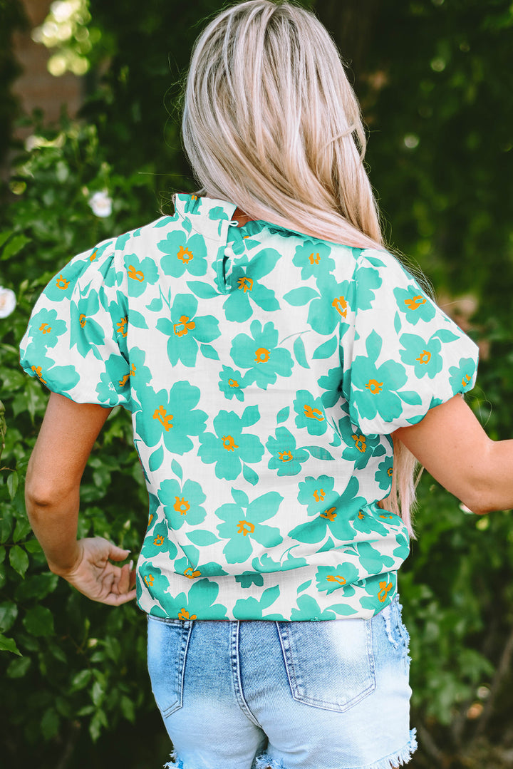 Green Floral Puff Sleeve Frilled Neckline Blouse