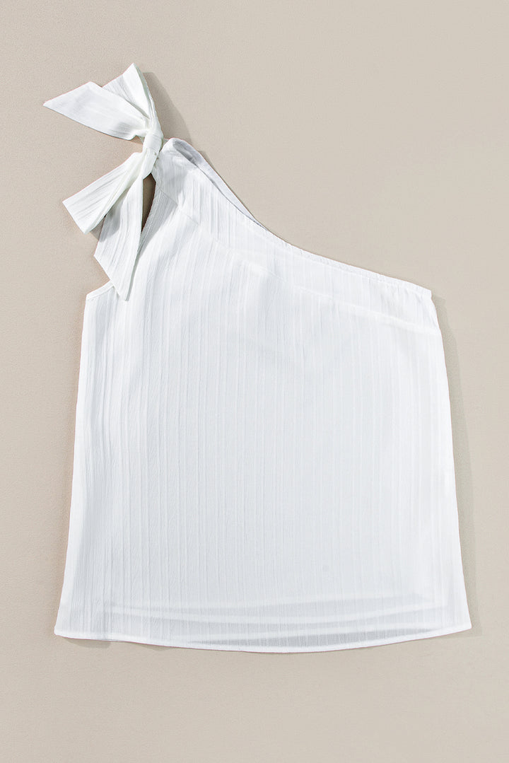 White Textured Bowknot One Shoulder Tank Top