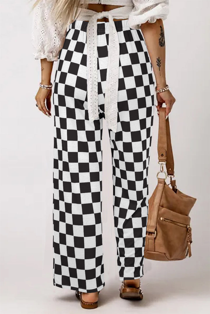 Bonbon 2-Tone Checked Print High Waist Wide Leg Pants