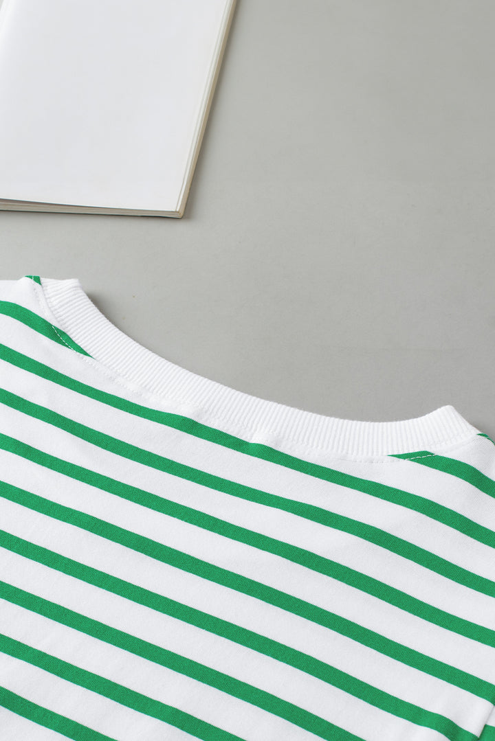 Green Stripe Puff Sleeve Elegant T-shirt