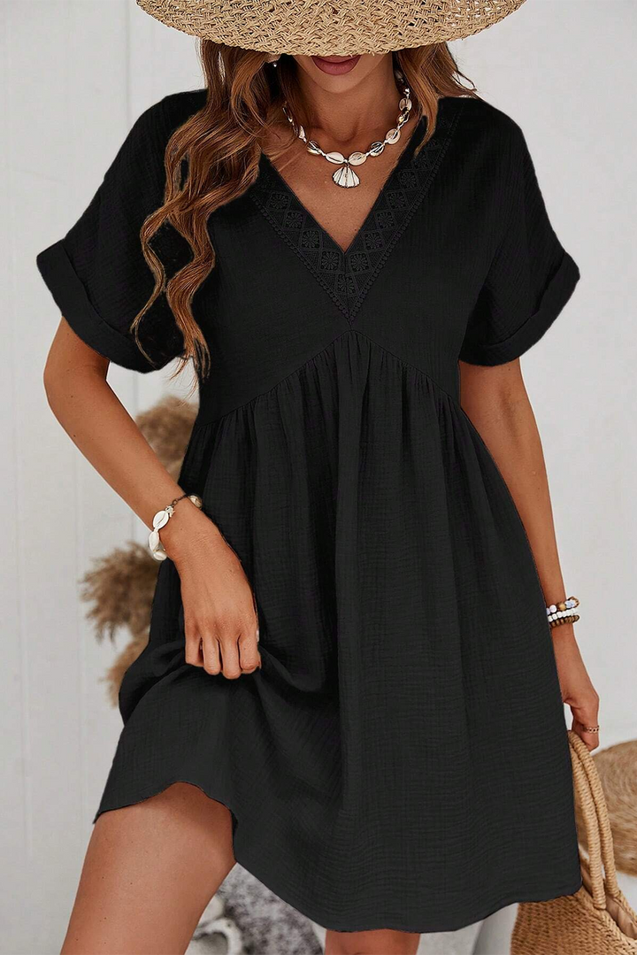 Black Folded Short Sleeve Lace V Neck Mini Dress