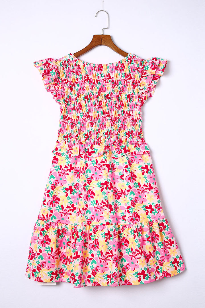 Multicolor Smocked Bodice Ruffle Trim Floral Dress