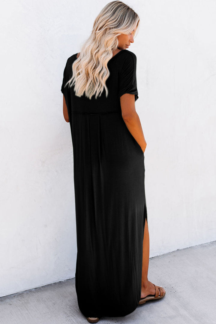 Grass Green V Neck Hidden Pocket Splits Maxi T-shirt Dress