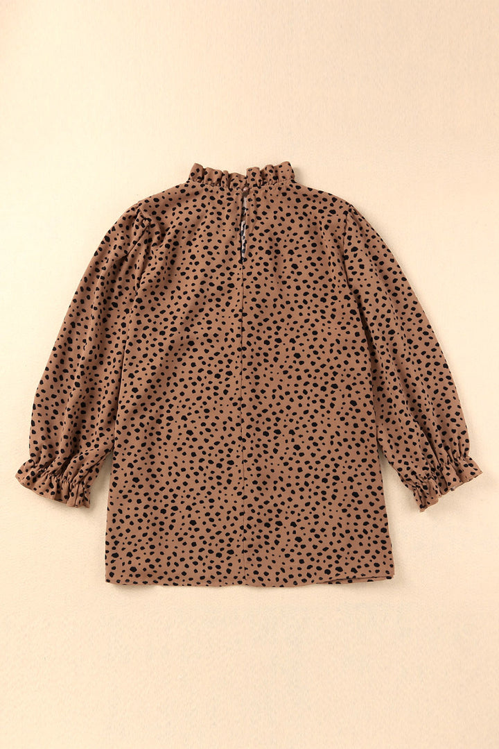 Khaki Frilled Neck 3/4 Sleeves Cheetah Blouse