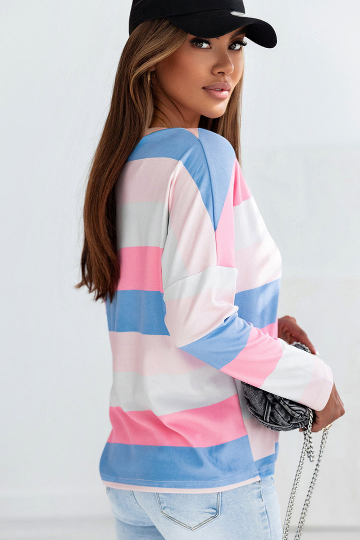 Pink Contrast Striped V Neck Long Sleeve Top