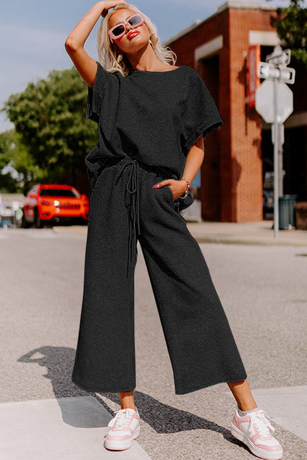 Dark Green Textured Loose Fit T Shirt and Drawstring Pants Set