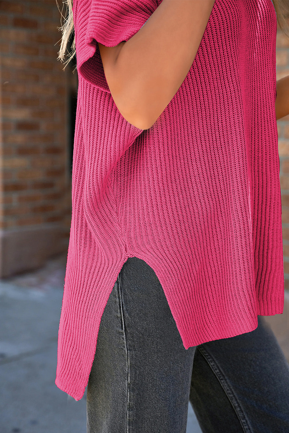 Apricot Short Sleeve Side Slit Oversized Sweater