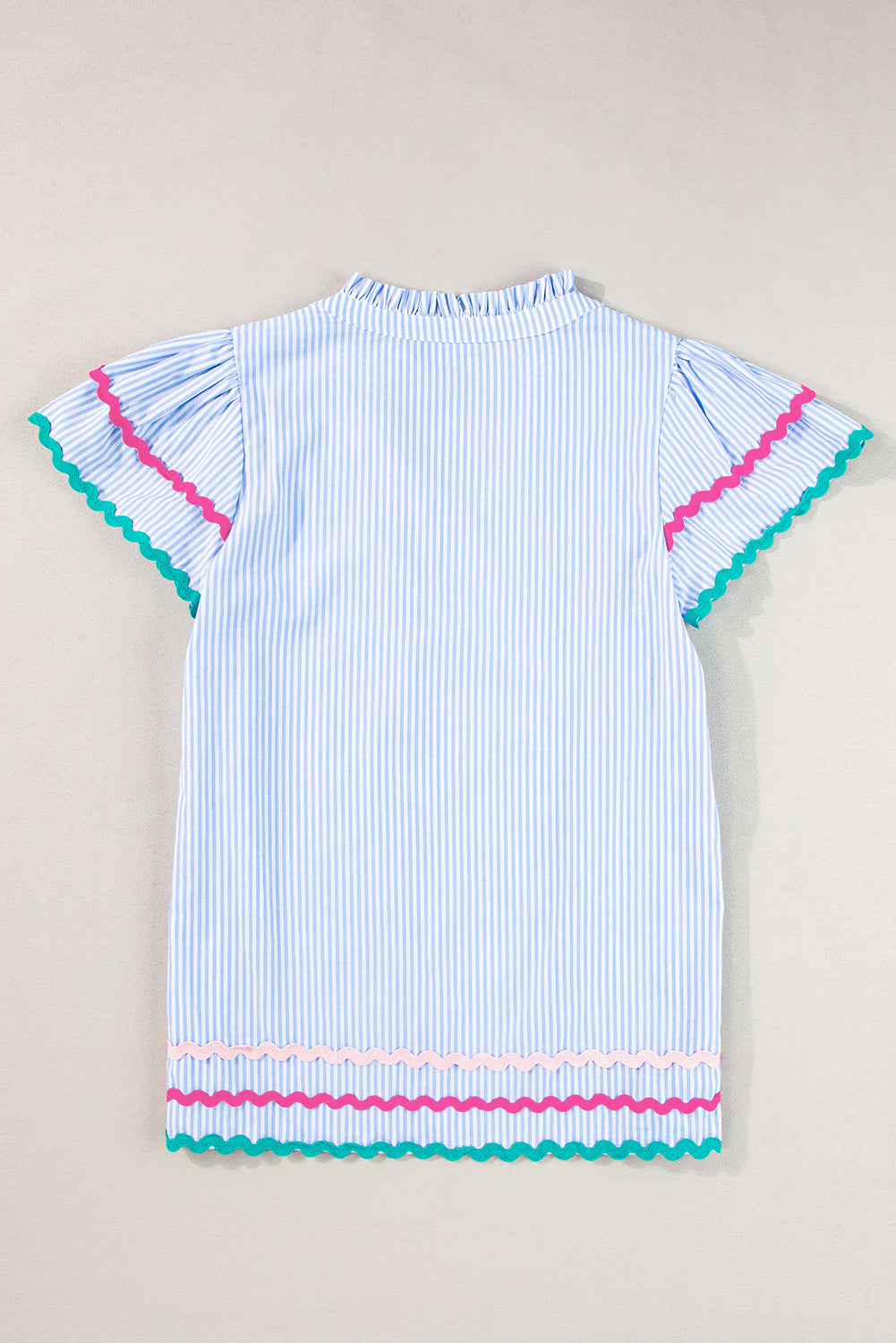 Pink Stripe Ricrac Trim Split Neck Striped Ruffled Sleeve Blouse