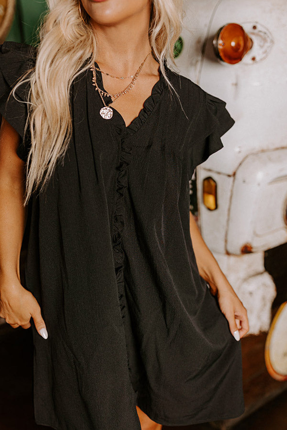 Black Ruffle Sleeve V Neck Frilled Shift Dress