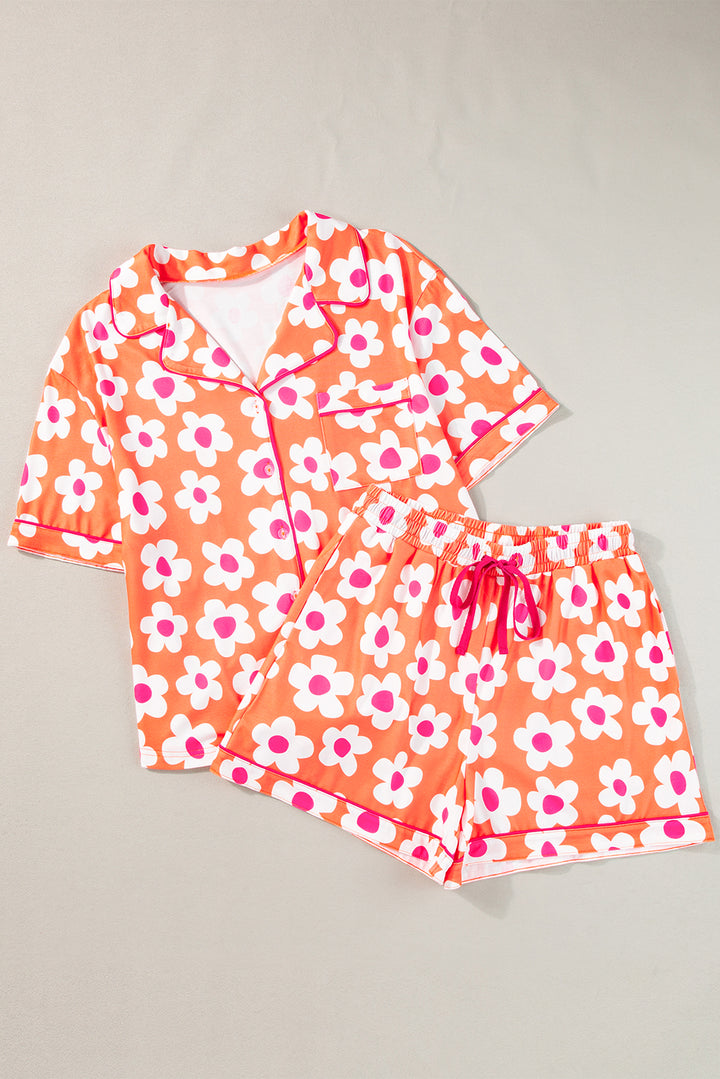 Green Flower Print Short Sleeve Shirt Pajamas Set