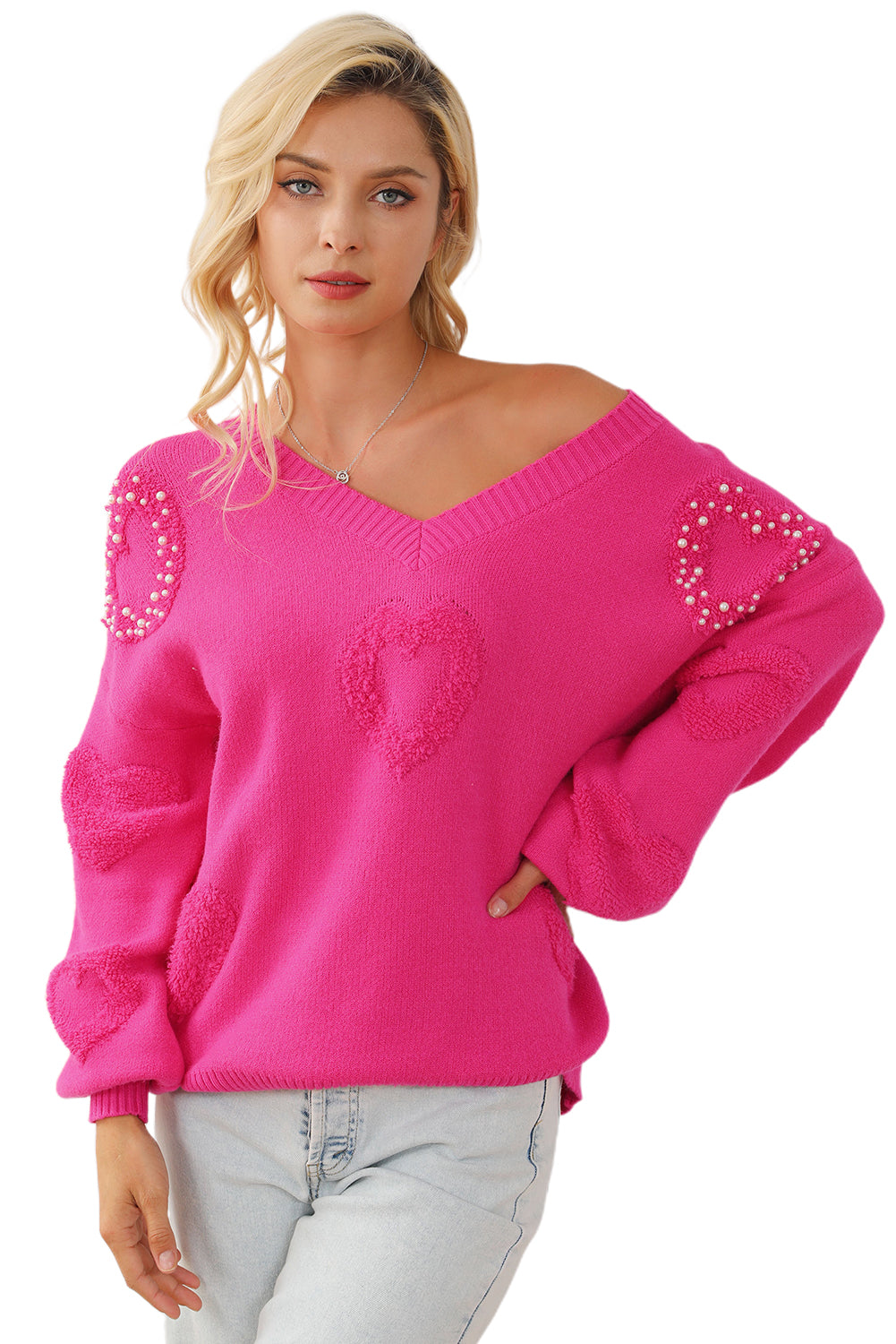 Rose Red Pearl Embellished Fuzzy Hearts V Neck Sweater