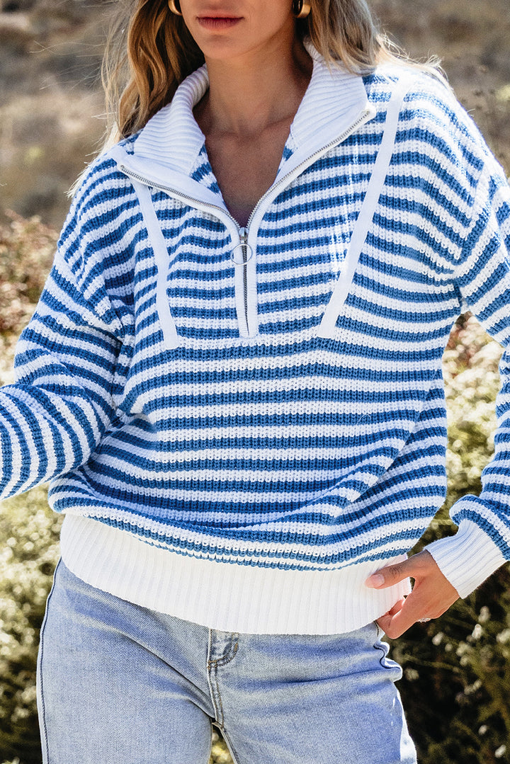 Sky Blue Stripe Zip up Collar Drop Shoulder Sweater