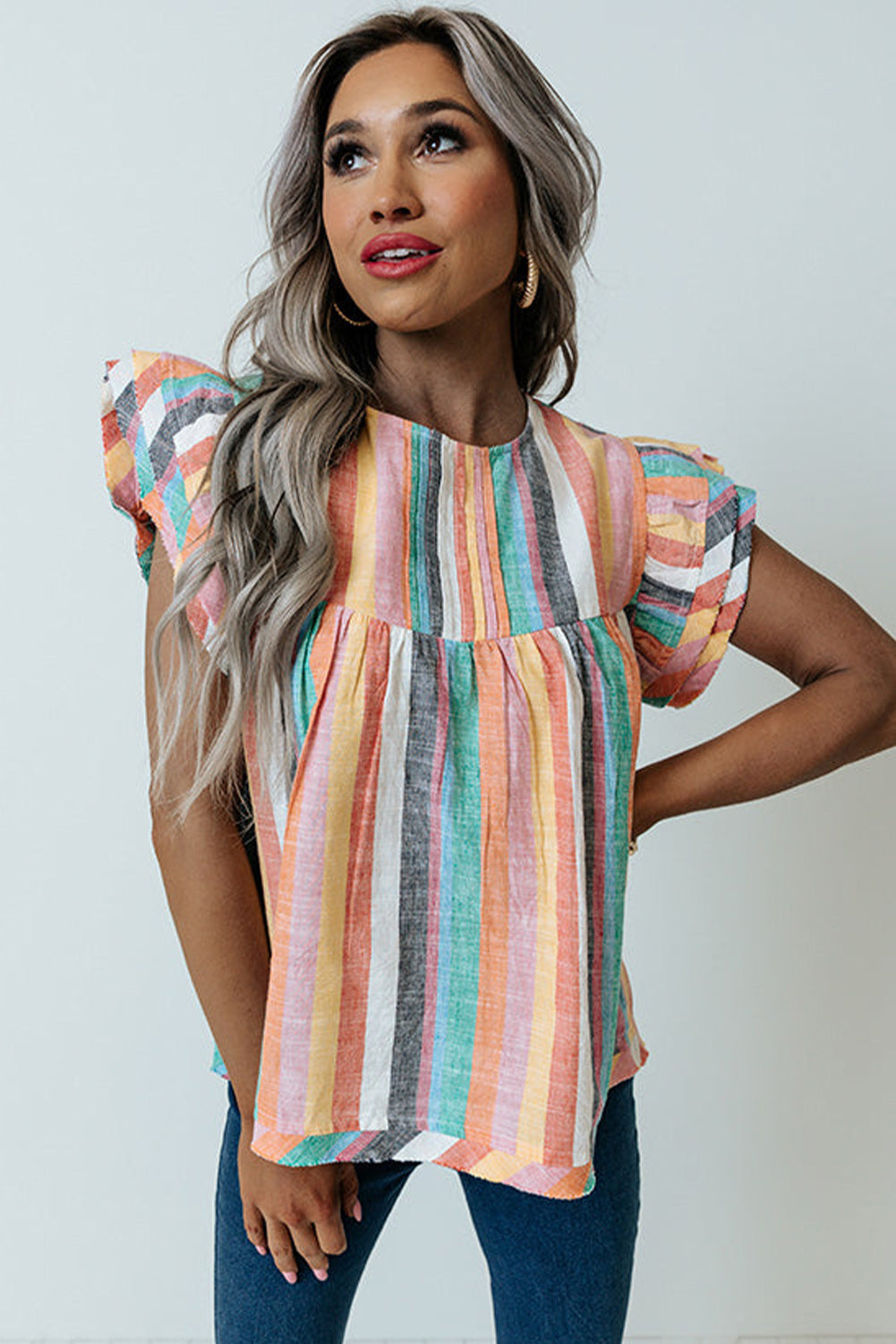 Rose Striped Tiered Ruffle Cap Sleeve Top