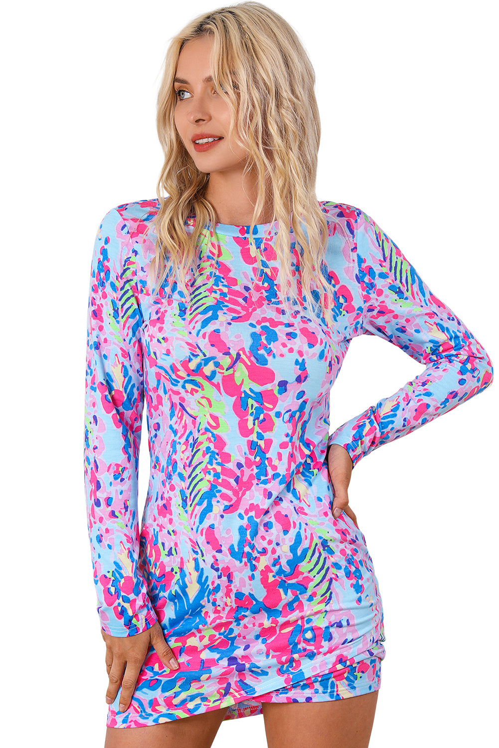 Sky Blue Floral Print Crossed Hem Long Sleeve Mini Dress