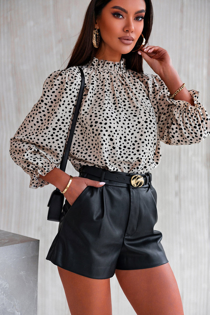 Khaki Frilled Neck 3/4 Sleeves Cheetah Blouse