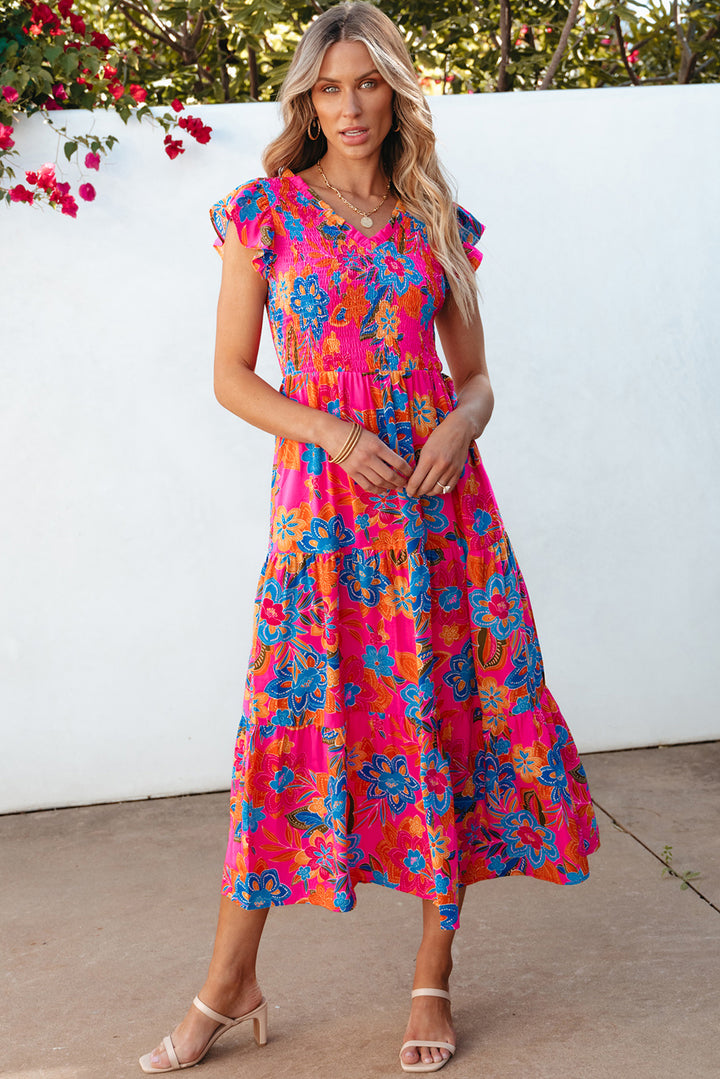 Dark Blue Boho Floral V Neck Ruffle Tiered Long Dress