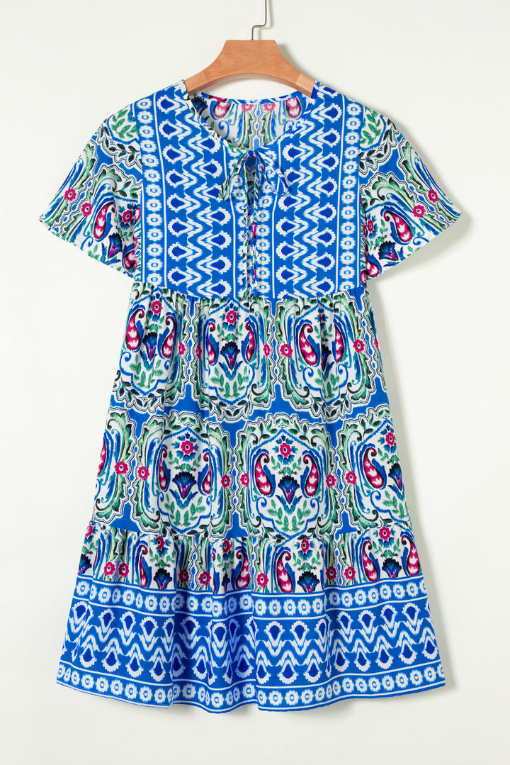 Sky Blue Bohemian Print Tie Neck Ruffle Hem Short Dress