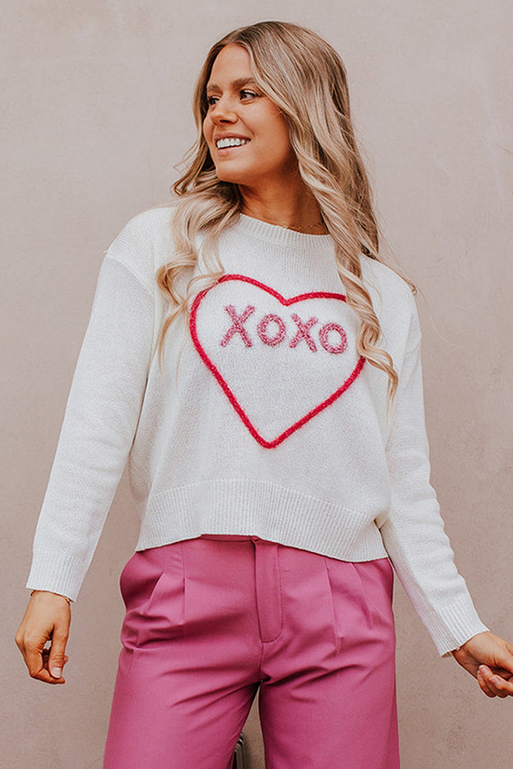 Rose Heart XOXO Pattern Drop Shoulder Rib Knit Sweater