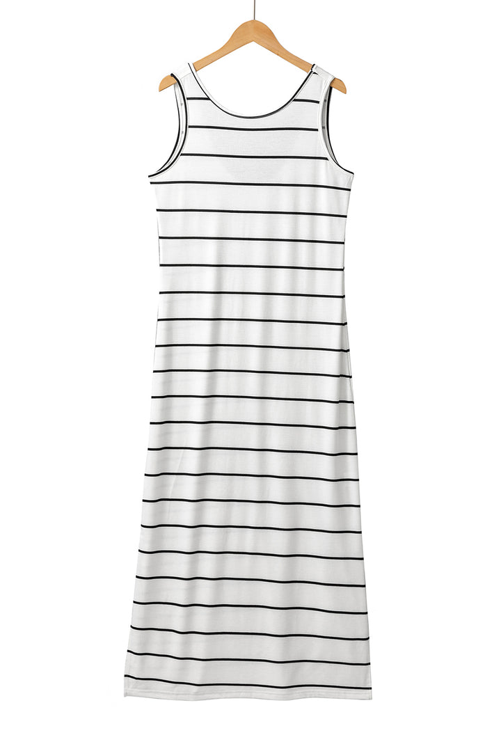 Khaki Stripe Print Open Back Sleeveless Maxi Dress with Slits