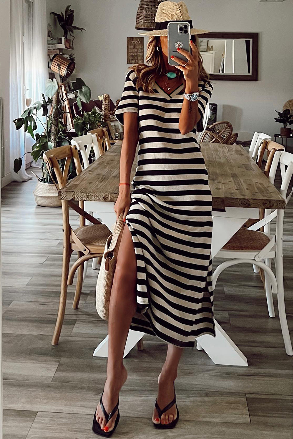 Blue Stripe Print V Neck Maxi Dress with Side Splits